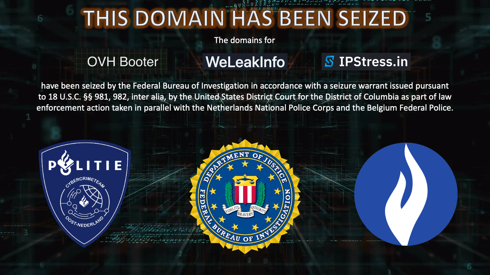 OVH Booter, WeLeakInfo, IpStress.in seized banner