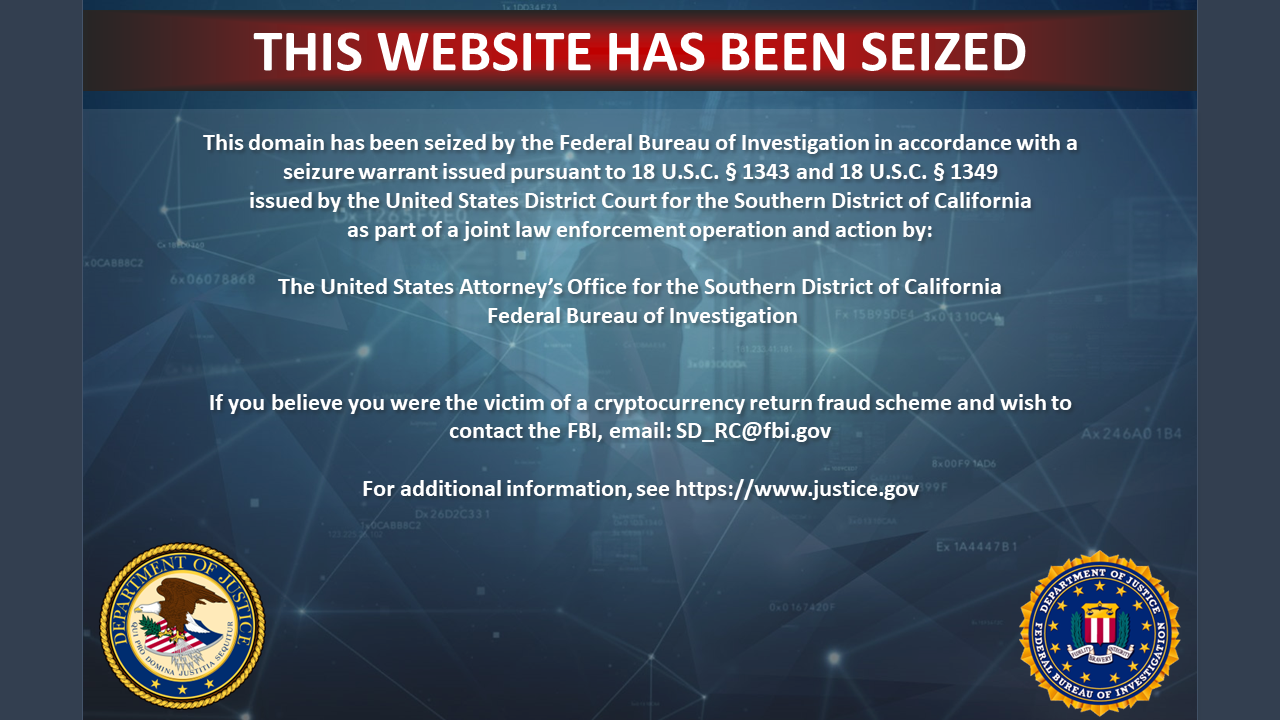 Cryptocurrency scam 3 seized banner